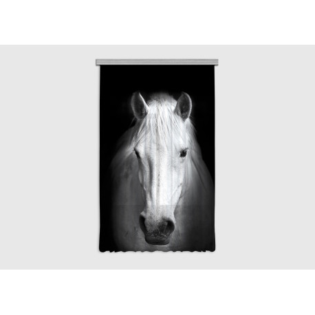 Horse, rideau imprimé cheval blanc de face sur fond noir 140x245 cm, 1 pièce 