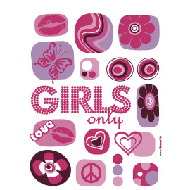 Girls Only, Sticker mural avec motifs rose et vilolet Love, peace, fleurs - 50x70 cm