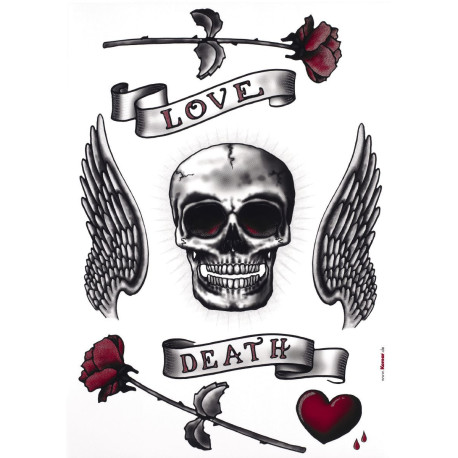 Sticker mural tête de mort et roses, avec écriture "love et death" - 50x70 cm
