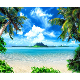 Photo murale intissée plage tropicale palmier mer turquoise et ile , 360x270 cm, 4 parts