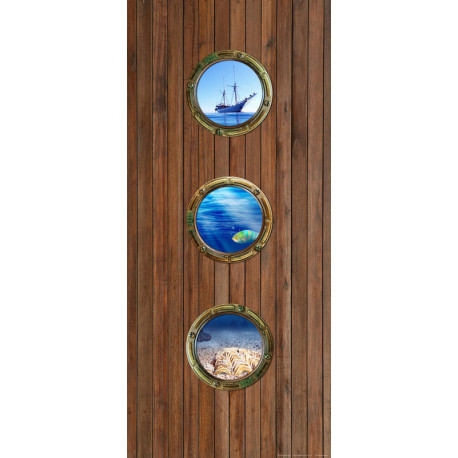 Poster porte 3 hublots marins sur fond bois 90 x 202 cm, 1 lé