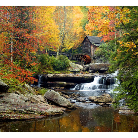 Rideau imprimé chute d'eau, maison et roue à aube et décors automne 280x245 cm, 2 parts