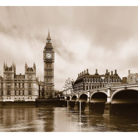 London, rideau imprimé Big Ben et la Tamise en noir et blanc sépia 280x245 cm, 2 parts