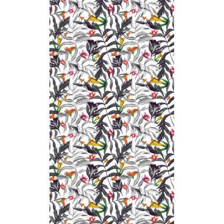 Foliage, rideau imprimé feuilles noir et blanc et fleurs colorées 140x245 cm, 1 part