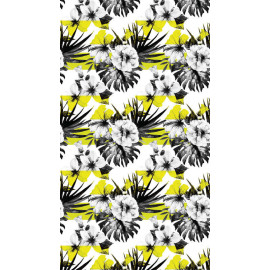 Foliage, rideau imprimé grand fleur noir et blanc fond jaune 140x245 cm, 1 part