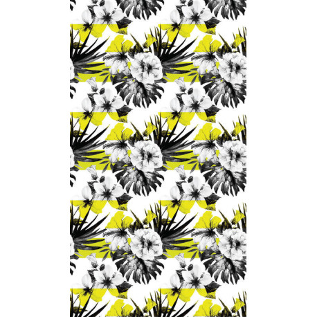 Foliage, rideau imprimé grand fleur noir et blanc fond jaune 140x245 cm, 1 part