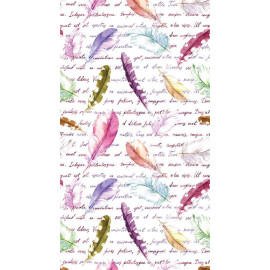 Feathers, rideau imprimé plumes multicolores et écriture manuscrite violette 140x245 cm, 1 part