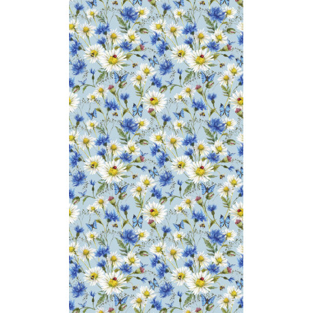 rideau imprimé pâquerettes et fleurs bleues et papillons 140x245 cm, 1 part
