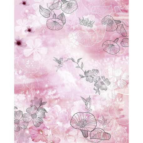 Poster XXL Intissé panoramique Fée Clochette sur fond fleurs roses - Disney 200X250 CM