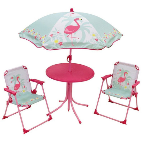 Set de Jardin Flamant Rose 4 Pièces 2 chaises Table et parasol