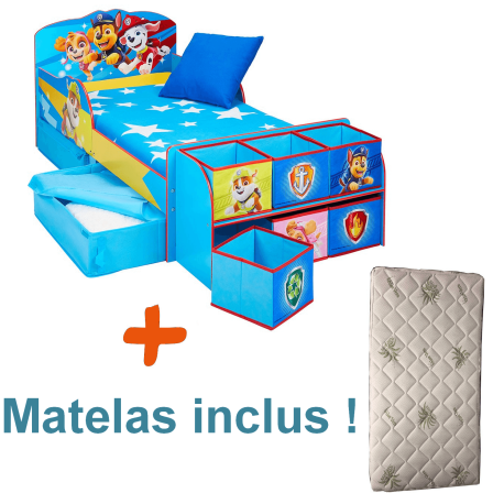 Lit enfant avec tiroirs et 6 cubes de rangement Pat Patrouille + Matelas