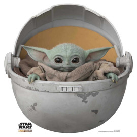 Figurine en carton taille réelle Bébé Yoda alias Grogu dans son berceau volant film série Mandalorian 75 CM