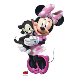 Figurine en carton Disney Minnie avec une robe rose à pois blanc et le chaton Figaro qui sourient 89 cm