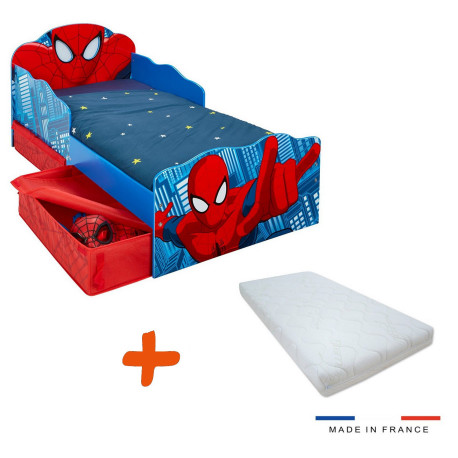 Lit enfant Spiderman Marvel Design tiroirs de rangement tete de lit lumineuse + matelas