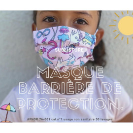 Masque en tissus Covid Licornes multicolores pour enfant jusqu'à 7ans - 50 lavages - origine Europe