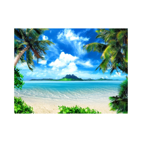 Photo murale intissée plage tropicale palmier mer turquoise et ile
