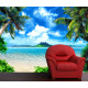 poster océan tropical avec vue sur l'ile et mer bleu et palmier et fauteuil rouge
