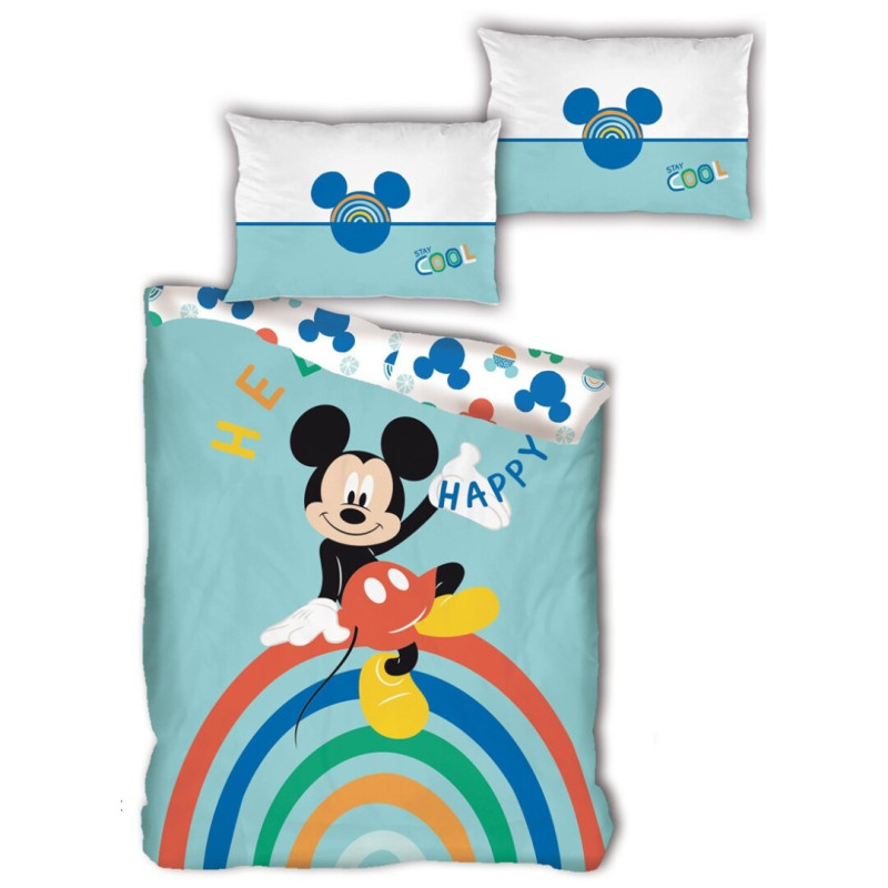 Parure de lit simple- Mickey sur un arc en ciel - 140 cm x 200 cm  Parure  de lit enfant ado sur drap housse, plaid, housse de couette sur Déco de  Héros