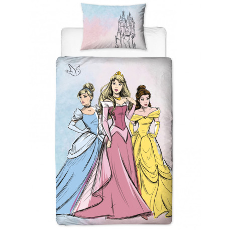 Parure de lit réversible Princesses Disney - modèle Aurore, cendrillon, Belle