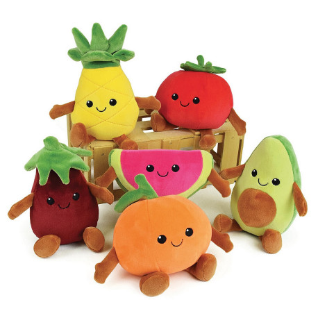 FRUITY 'S CAGETTE DE 6 PELUCHES TOUTES DOUCES FRUITS ET LEGUMES+/- 17 CM : AVOCAT,ORANGE, AUBERGINE,TOMATE, ANANAS ET PASTÈQUE