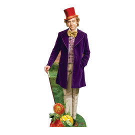 Figurine en carton taille réelle Willy Wonka Charlie et la Chocolaterie avec un manteau violet et un chapeau rouge 193cm 