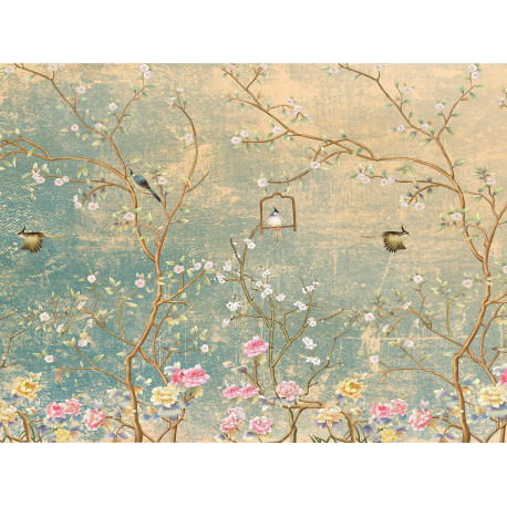 Poster intissé Thème Vintage Garden oiseaux et fleurs roses - 360 x 270 cm
