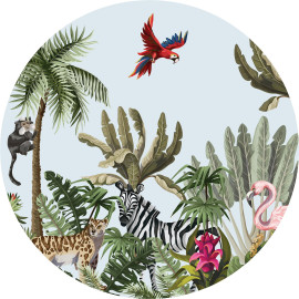 Papier peint intissé auto-adhésif rond Thème Jungle et perroquets multicolores - 140 x 140 cm